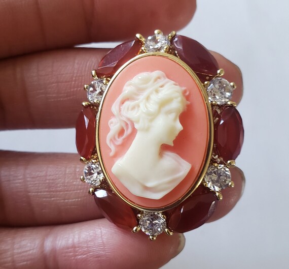 Vintage Cameo Ring with cubic zirconia ruby, Crys… - image 1