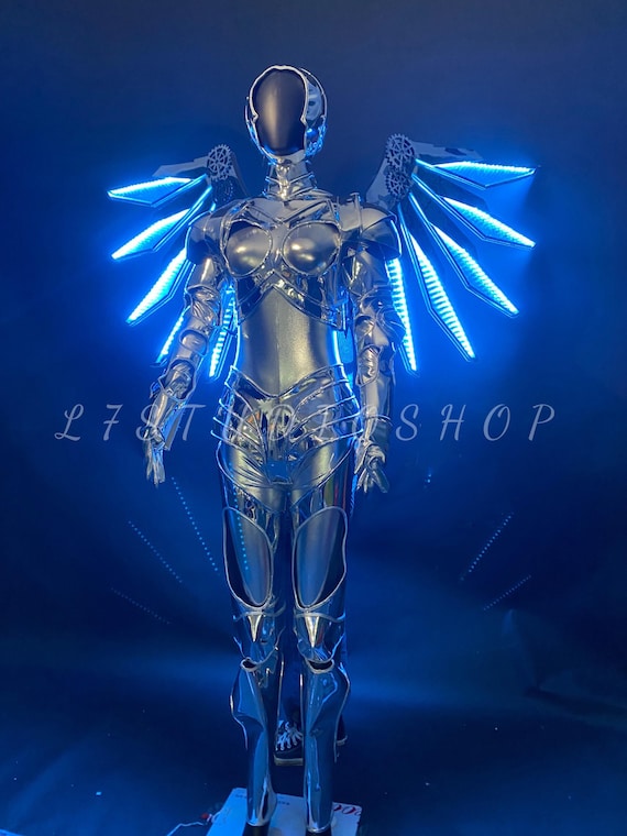 Cyberpunk LED Exoskeleton Costume: Gothic Halloween Armor with Wings