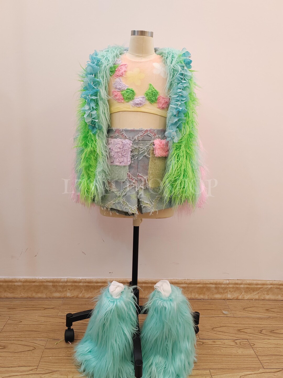 Patchwork Rave Floral Crochet Crop Top & Patchwork Denim Shorts Set: Rave Festival ...