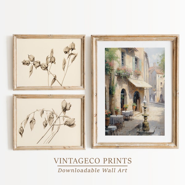 SET of 3 Print Vintage European Countryside Spring Decor, Botanical Sketches Neutral Wall Art | PRINTABLE Wall Art Gallery | BS03