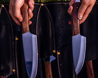 Juego personalizado de 5 cuchillos de cocina / Cuchillos de chef forjados a mano con mango de madera maciza / Mejor regalo del Día del Padre / Amantes del senderismo en camping