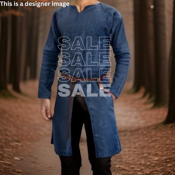 Longue tunique Renaissance Knight pour homme | Robe médiévale viking | Déguisement guerrier pirate nordique | Cosplay d'Halloween en lin pour adulte GN