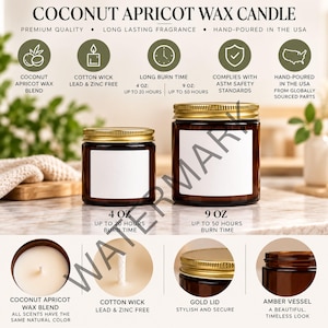 May include: Two amber glass candles with gold lids and blank white labels. The 4 oz candle offers up to 20 hours of burn time, while the 9 oz candle offers up to 50 hours. Features include a coconut apricot wax blend and a lead and zinc free cotton wick.