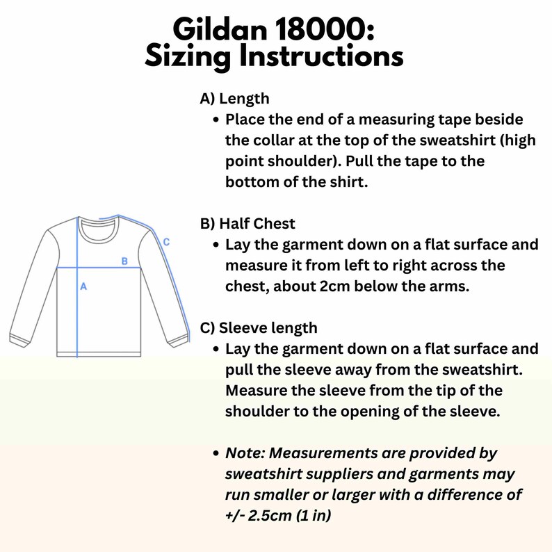 Puede incluir: Imagen con "Gildan 18000: Instrucciones de tallas". Incluye diagramas e instrucciones para medir la longitud, el medio pecho y la longitud de la manga de una sudadera. Las medidas pueden variar +/- 2,5 cm.