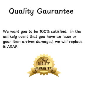 Puede incluir: Fondo blanco con el texto "Quality Guarantee". El texto promete una garant&iacute;a de satisfacci&oacute;n y una pol&iacute;tica de reemplazo para art&iacute;culos da&ntilde;ados. Tambi&eacute;n hay un sello dorado con "Best Quality Guaranteed".