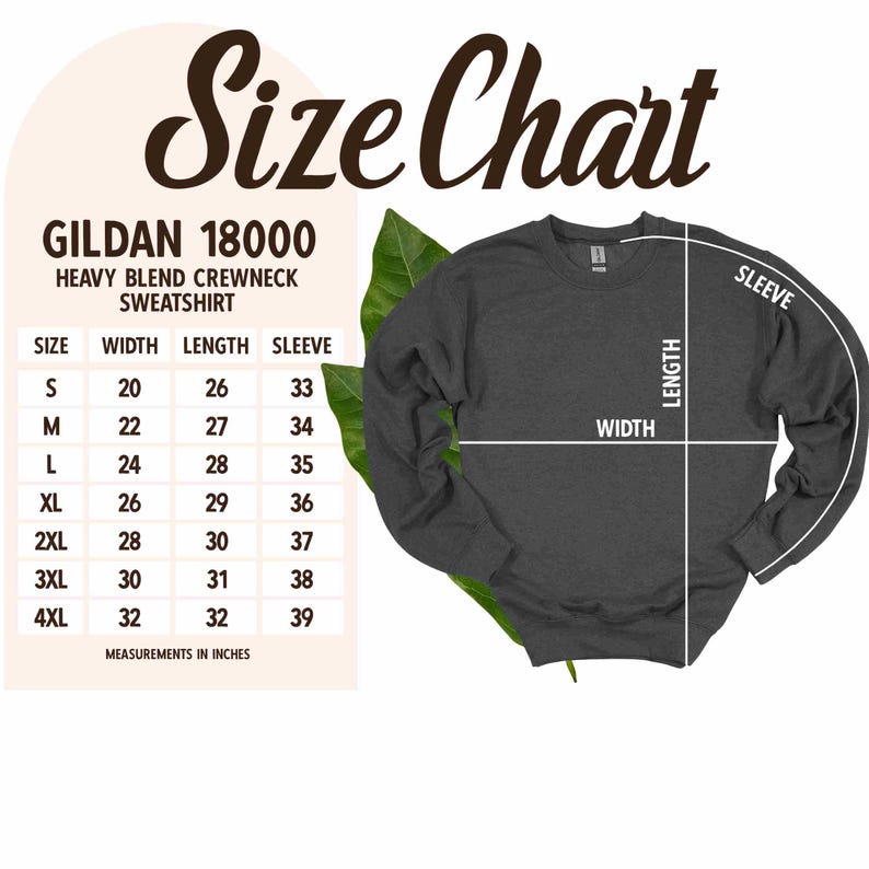 Puede incluir: Una sudadera de cuello redondo Gildan 18000 gris oscuro con una tabla de tallas. La tabla muestra las medidas en pulgadas para el ancho, el largo y el largo de la manga, desde la talla S hasta la 4XL.