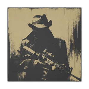 Puede incluir: Una ilustración en blanco y negro de una persona con un sombrero de vaquero y sosteniendo un rifle. El fondo es de color marrón claro con una textura desgastada.