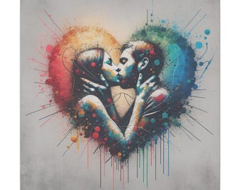Lienzo «Beso de amantes urbanos» – Arte callejero inspirado en Banksy