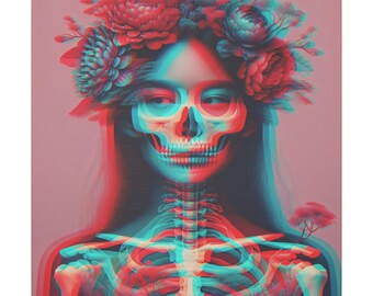 Lienzo impreso con calavera anaglífica, arte mural mate único