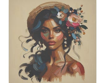 Lienzo impreso con técnica impasto, Mujer con flores, Decoración elegante para el hogar