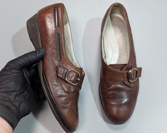 BALLY Vintage Women's Brown Leather Luxury Loafers Pumps with Strap Size US 4.5, Elegant Retro Shoes, Classic Designer Footwear