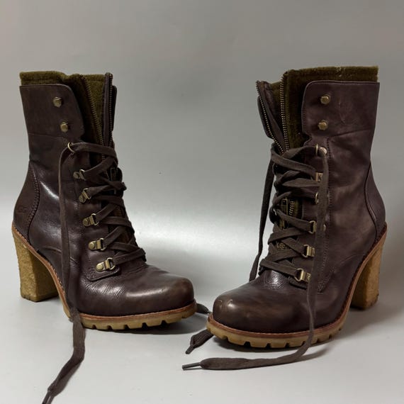 UGG Brown Leather Heeled Boots Women's US 9 EU 40, Front Zipper Lace Up Ankle Boots, Chunky Block Heel, Rugged Lug Sole