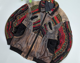 Roger Springfield Vintage 80s Leather×Knit Patchwork Bomber Size M/L Coogi-Style