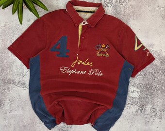 Vintage Tom Joules Elephant Polo Rugby Shirt Red Big Logo Number 4 Cotton Size Large Preppy Streetwear