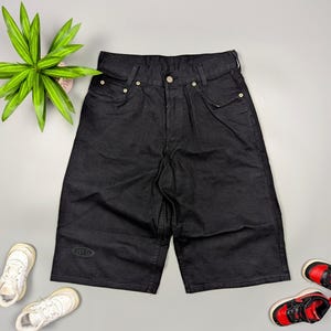 Y2K Italian Skater Baggy Black Denim Shorts Men&#39;s Size XS/S, Vintage Grunge Streetwear,VTG Sk8 Aesthetic, Rare 2000s Fashion Find,90s Shorts