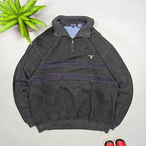 GANT Vintage Men&#39;s Loose 1/4 Zip Dark Gray Sweatshirt with High Neck Size M USA, Retro Streetwear, Classic 90s Style,Retro Sweater Gant Sz M