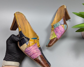 Rare VTG Y2K Gianmarco Lorenzi Patchwork Crocodile Leather Mules Heels Women’s Size EU37.5 US7.5  Designer Vintage Luxury Footwear Statement
