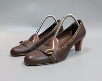 BALLY Women's Vintage Brown Leather Open Toe Luxury Heels with Strap Size EU41 US10.5, Classic Designer Footwear, Made in Switzerland