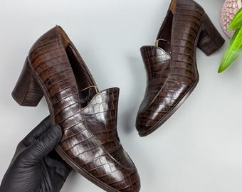 Giorgio Armani Vintage 80s Women’s Brown Leather Loafers Heels Size EU38.5 US7.5/8 Designer Retro Classic Footwear Elegant Minimalist Shoes