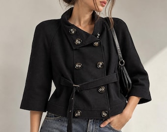 Morgan De Toi Vintage Womens Coat Size 40 Black Wool Blend Cropped Cape Jacket Belted Double Breasted Y2K French Designer
