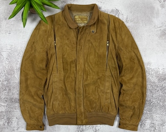 Vintage Jean-Jacques Benson Prestige Suede Leather Bomber Jacket, Tan Brown Real Leather Aviator Jacket, 80s 90s Mens M L