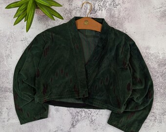 Vintage 80s Womens Green Avant Garde Cropped Jacket Abstract Pattern Boxy Artwear Size L