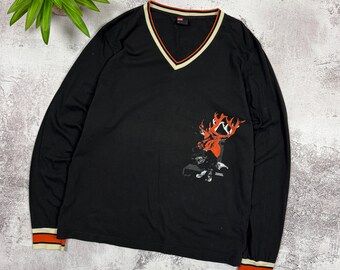 Diesel Vintage Y2K Black Long Sleeve Shirt, Deer Graphic V Neck Top, 2000s Indie Sleaze Grunge Streetwear, Mens Designer Fashion Size L