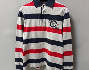 Paul & Shark Vintage Mens Long Sleeve Polo Shirt Size S Striped Yachting Rugby Cotton Nautical Red Navy Gray Embroidered 90s Style