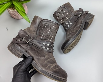 Y2K Remonte Leather Ankle Boots – Studded Grunge Streetwear VTG – EUR 38 / US 7.5 – Women’s Chunky Festival Shoes