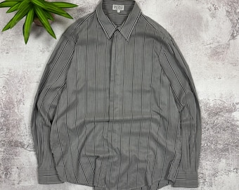 Gianfranco Ferre Vintage Mens Shirt Size 44 17 1/2 Gray Striped Cotton Silk Made in Italy 90s Italian Designer Luxury Button Up