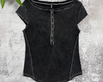 Vintage Avant Garde Distressed Dark Gray Cotton Top, Y2K Grunge Ribbed Shirt, Deconstructed Fairy Grunge Goth Womens XS S