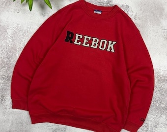 Vintage Reebok Red Sweatshirt, Retro Spellout Logo Crewneck Pullover, Mens Size M, 90s Style Sportswear, Oversized Streetwear Athletic