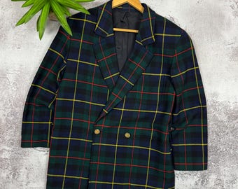 Vintage Burberrys Wool Blazer Jacket M L Made in England Tartan Plaid Double Breasted Gold Buttons 80s 90s British Designer Coat