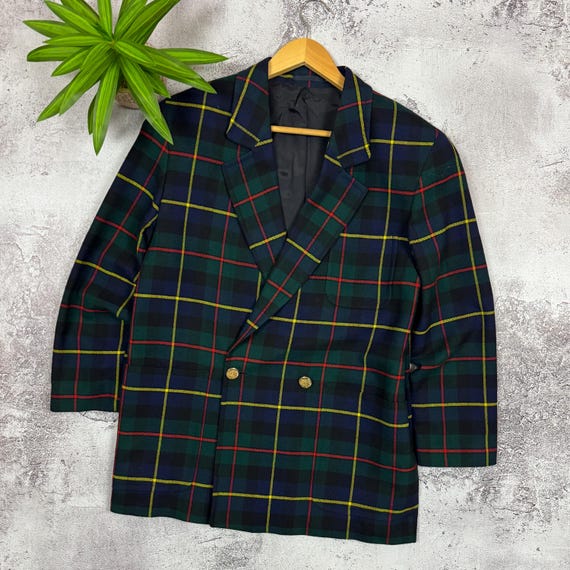Vintage Burberrys Wool Blazer Jacket M L Made in England Tartan Plaid Double Breasted Gold Buttons 80s 90s British Designer Coat