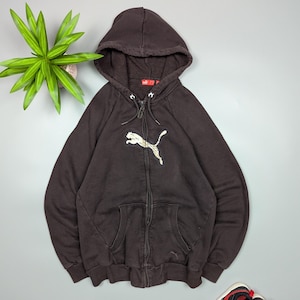 PUMA Vintage Y2K Men&#39;s Full Zip Hoodie Dark Brown Long Sleeve Sweatshirt with Big Logo Size S/M, Retro Streetwear, Rare Find, Retro Sweater