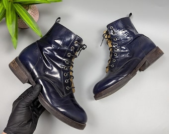 Botas anatómicas vintage BRAKO de charol azul marino con cordones para mujer, talla EU 40, talla US 9-9.5, estilo combate