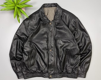 Archive TRAPPER Leather Bomber Jacket Black Size 2XL/3XL Boxy Fit Heavy Grain