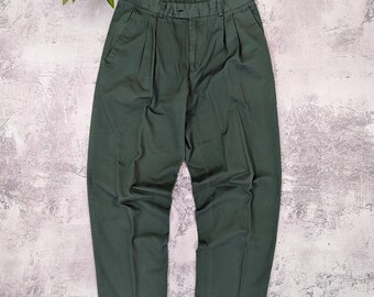 Vintage 80s French Work Pants Dark Green Pleated Chino Trousers Cotton Mens W32