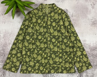 Vintage Japanese Quilted Floral Jacket Womens L Green Reversible Kimono Style Cotton Padded Chore Shirt Boho Block Print Coat