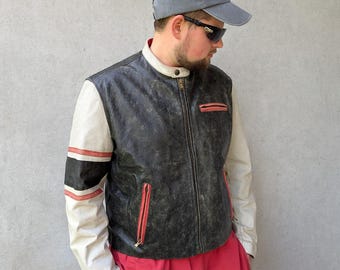 VERA PELLE Vintage Men's Black Leather Motorcycle Biker Jacket Size 56 Xl/XXL, Made in Italy, Classic Moto Outerwear, Retro Style