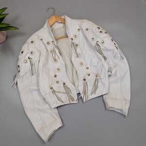Kurtka skórzana typu bomber w stylu vintage z lat 80., rozmiar M, w stylu western, z frędzlami i ćwiekami, w stylu boho