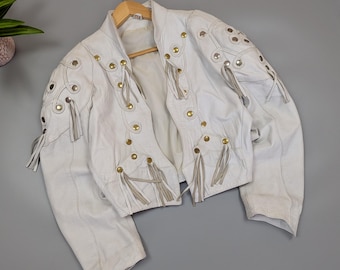 Vintage 80er Jahre Weiße Leder Jacke Bomber Damen Sz M Western Franse Nieten Boho