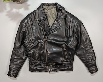 Chaqueta de motociclista de cuero grueso vintage de los años 90, negra, ajustada, talla L, estilo motociclista ajustado negro, moda moto retro, chaqueta de cuero