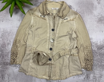 Elisa Cavaletti Vintage Avant Garde Jacket Womens L XL Beige Distressed Embroidered Lagenlook Boho Italian Designer Art to Wear Jacket