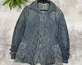 Elisa Cavaletti Vintage Avant Garde Jacket Womens XL Blue Gray Distressed Embroidered Artsy Boho Italian Designer Cardigan Jacket