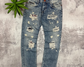 Cipo & Baxx Y2K Distressed Jeans, Vintage Ripped Patchwork Denim, Embroidered Avant Garde Mens Jeans W33 L32, Grunge Streetwear