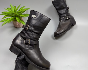 Harley Davidson Womens Vintage Black Leather Biker Motorcycle Boots EU41 US9.5