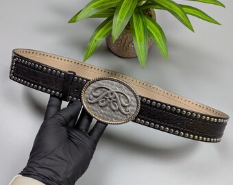 BOGNER Western Biker Style Black Leather Belt Rivet Studded Logo Buckle VTG 33-35in