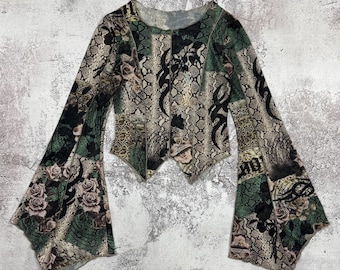 Vintage Avant Garde Sheer Mesh Top, Snake Floral Tattoo Print Flare Sleeve Y2K Fairy Grunge Goth Womens XXS XS