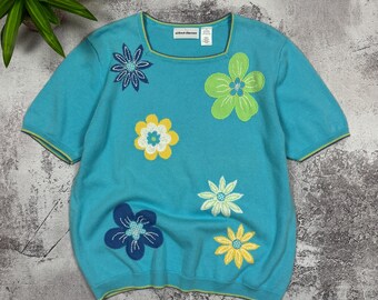 Vintage Alfred Dunner Floral Sweater Womens XL Turquoise Blue Ramie Cotton Knit Short Sleeve Applique Flower 90s Cottagecore Top